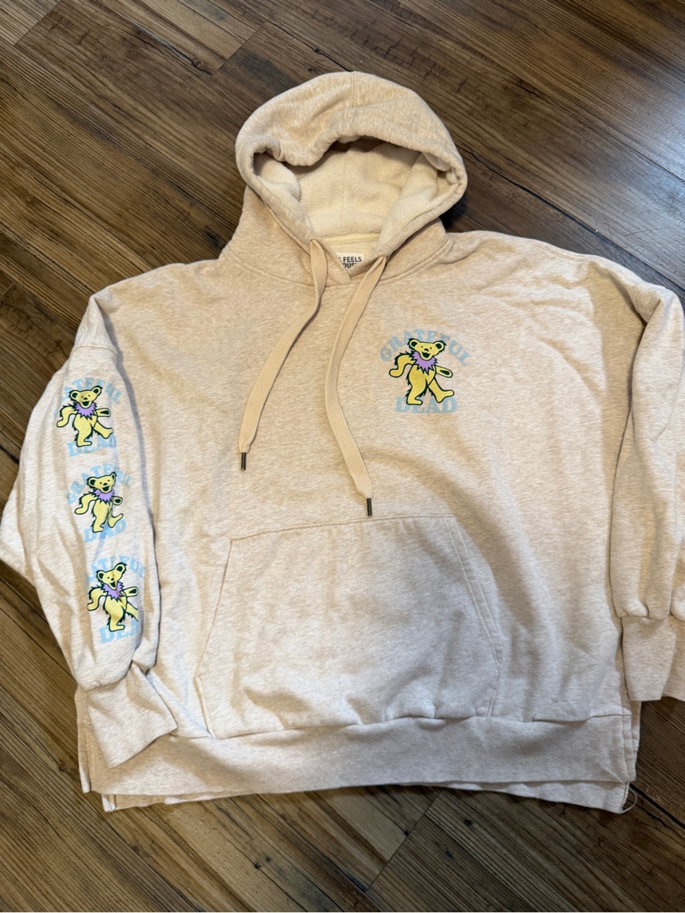 American Eagle Outfitters Beige Hoodie with Yellow Bear Graphics